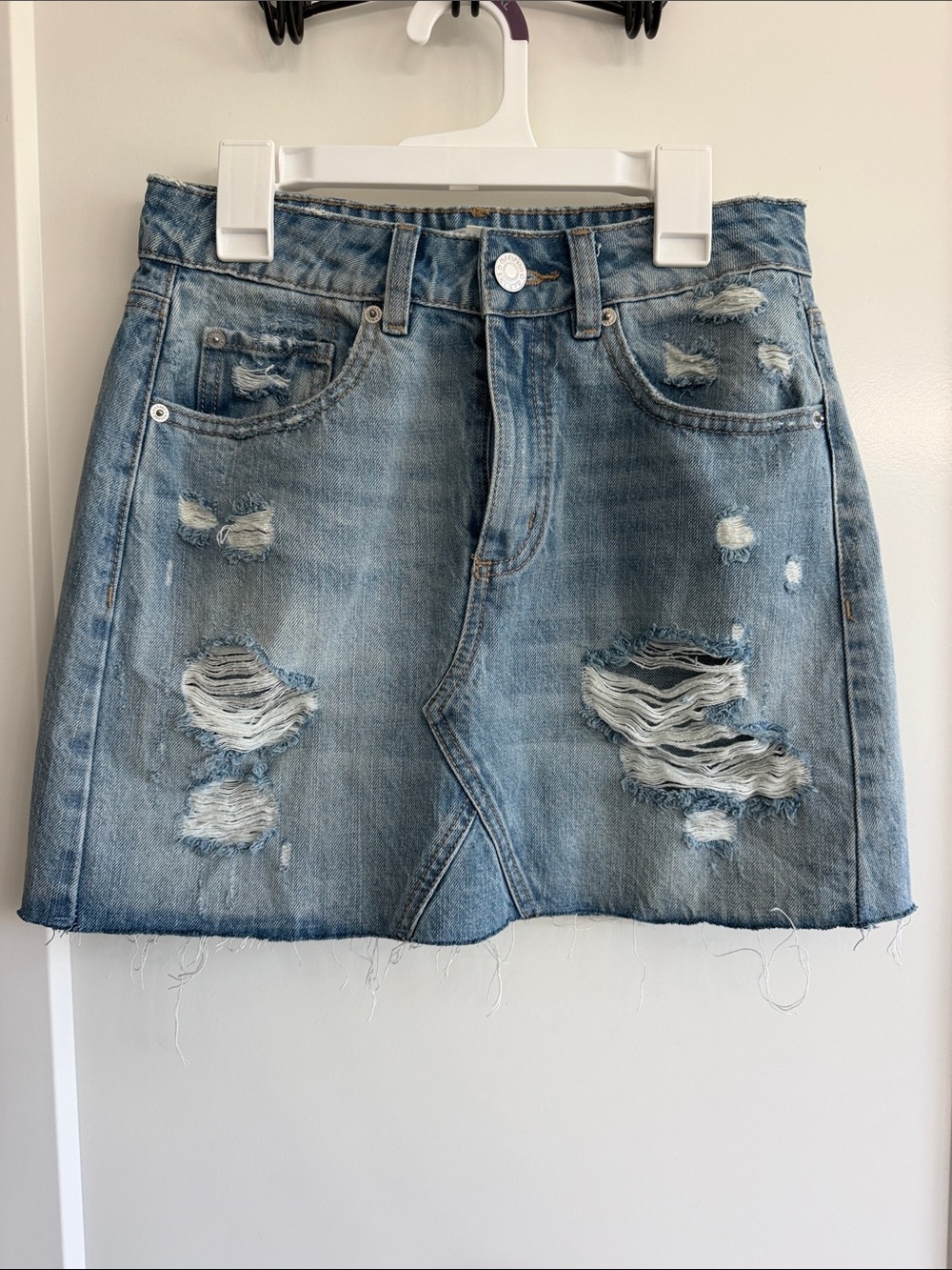 Garage Light Blue Distressed Denim Mini Skirt